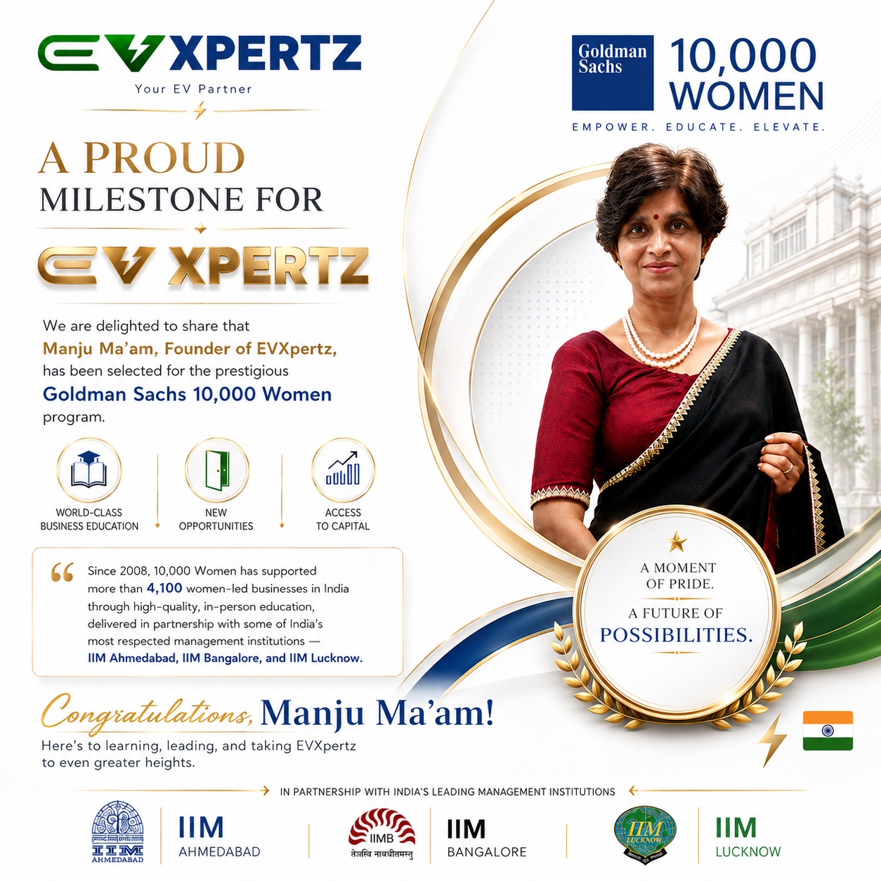 Manju Ma'am, Founder of EVXpertz, selected for Goldman Sachs 10,000 Women Program